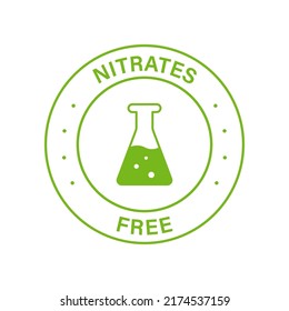 Nitrates Free Green Stamp. No Nitrate Label. Free Nitrites in Food Ingredient Symbol. Nutrition Certified Control Not Nitrate Sign. Guarantee Non Nitrite Logo. Isolated Vector Illustration.