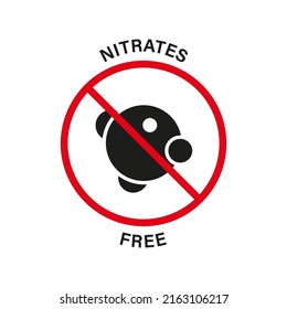Nitrates Free Silhouette Black Icon. Nitrites in Food Ingredient Stop Sign. Nitrate Forbidden Symbol. Guarantee Non Nitrite Logo. Nutrition Certified Control. Isolated Vector Illustration.