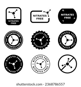 Nitrates free sticker, sign, label, stamp, badge or emblem. No nitrates or chemicals in the product. Organic or eco product sign. Healthy food concept. Vector set