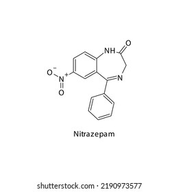 Nitrazepam molecule flat skeletal structure, Benzodiazepine class drug used as Anxiolytic, anticonvulsant, sedative, hypnotic agent. Vector illustration on white background.