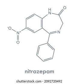Nitrazepam structure. Benzodiazepine drug molecule used in treatment of insomnia and anxiety. Skeletal formula.