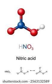 Nitric acid, HNO3, molecule model and chemical structure. Inorganic compound, corrosive mineral acid, and oxidizing agent. The main industrial use of nitric acid is for the production of fertilizers.