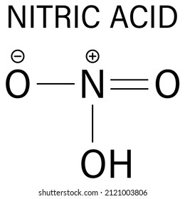 Nitric acid or HNO3 strong mineral acid molecule. Used in production of fertilizer and explosives. Skeletal formula.