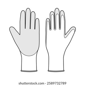 Nitrile Coated Work Gloves hand accessory clothing technical illustration garment. Vector garden front palm back view for Men, women style flat template CAD mockup sketch outline on white background