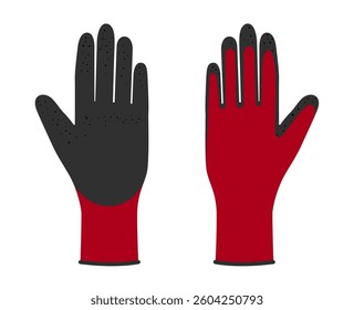 Nitrile Coated Work Gloves hand red black cartoon accessory clothing technical illustration garment. Vector garden front palm back view for Men, women, unisex style flat sketch on white background