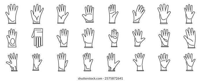  Nitrile gloves hand icons set. Diverse collection of medical glove icons, representing hygiene and hand protection in various healthcare contexts