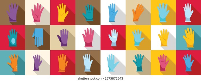  Nitrile gloves hand icons set. Various colorful medical gloves provide essential protection for healthcare professionals, ensuring hygiene and safety in medical environments