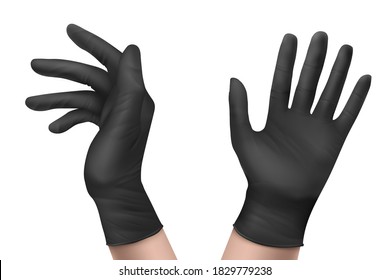 Nitrile gloves on hand front and side view. Black rubber disposable latex personal protective equipment for health or laboratory workers isolated on white background, Realistic 3d vector illustration