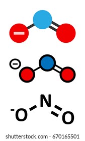 Nitrite anion, chemical structure. Nitrite salts are used in the curing of meat. Conventional skeletal formula and stylized representations.
