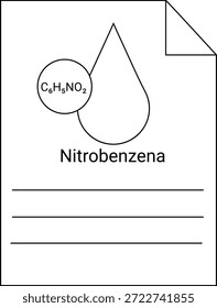 Gráfico de nitrobenceno en una página con líneas con una esquina doblada que contiene la fórmula y el nombre del compuesto