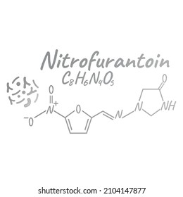 Nitrofurantoin antibiotic chemical formula and composition, concept structural medical drug, isolated on white background, vector illustration. Antibacterial medicament biochemical organic product.