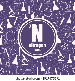 Nitrogen chemical element. Sign with atomic number and atomic weight. Chemical element of periodic table. Connected lines with dots. Circle frame with icons.