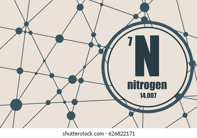 Nitrogen chemical element. Sign with atomic number and atomic weight. Chemical element of periodic table. Molecule And Communication Background. Connected lines with dots.