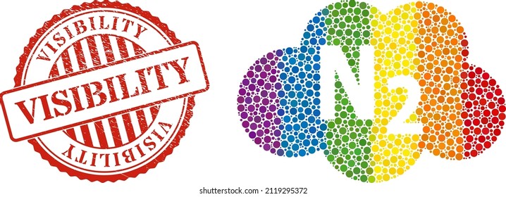Nitrogen cloud composition icon of round items in variable sizes and rainbow multicolored color tints. Red round scratched seal imprint with Visibility message.