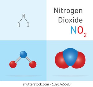 Molécula de gas dióxido de nitrógeno (NO2). Dos modelos moléculas diferentes y fórmula química. Modelo de llenado de bolas, palos y espacios. Fórmula química estructural y modelo molécula. Educación química