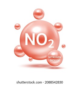 Nitrogen Dioxide NO2 molecule models red and chemical formulas scientific. Ecology and biochemistry concept. Air pollution emissions contamination with industrial pipes. Isolated spheres 3D Vector.