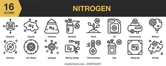 Conjunto de ícones de nitrogênio. Inclui fertilizante, gás, médico, óxido nitroso, ciência e muito mais. Contornar coleção de vetores de ícones.