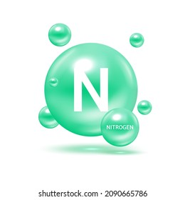 Nitrogen molecule models green and chemical formulas scientific element. Natural gas. Ecology and biochemistry concept. Isolated spheres on white background. 3D Vector Illustration.