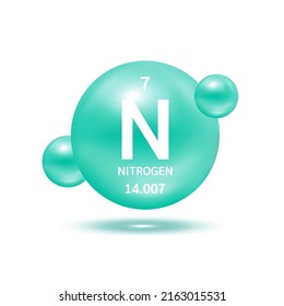 Nitrogen molecule models green and chemical formulas scientific element. Natural gas. Ecology and biochemistry concept. Isolated spheres on white background. 3D Vector Illustration.