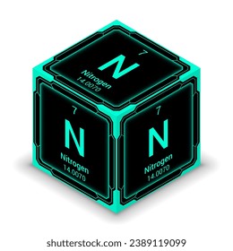 Nitrogen (N) (007) - Elemento fundamental Vista isométrica del bloque de cubo cibernético futurista, fondo blanco aislado del icono, tabla periódica, símbolo químico, nombre, masa atómica, número atómico