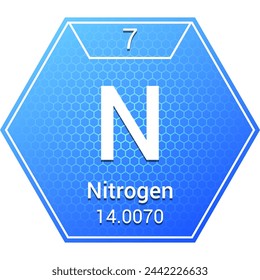 Nitrógeno (N) (007) Elemento químico fundamental no metálico, Tabla periódica en símbolo de química, Nombre, masa atómica, Número, Diseño de icono de logotipo hexagonal de química, Fondo blanco