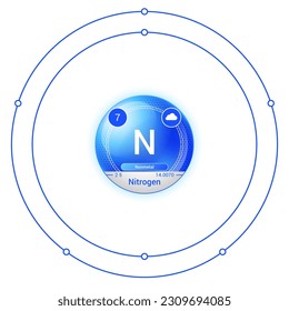 Nitrogen (N) Element, Sphere Electron Shell Bohr Model Design, Atomic Structure, Atomic Number, Proton, Neutron, Electron, Element Symbol, Atomic Mass, Phase at STP.