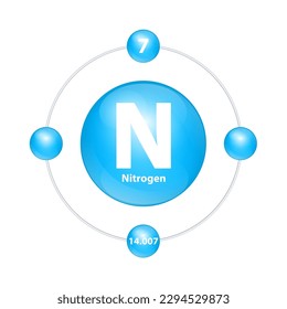 Nitrogen (N) Icon structure chemical element round shape circle light blue with surround ring. Period number shows of energy levels of electron. Study science for education. 3D Illustration vector.