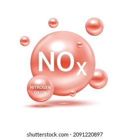 Nitrogen oxide NOx molecule models red and chemical formulas scientific. Ecology and biochemistry concept. Air pollution emissions contamination with industrial pipes. Isolated spheres 3D Vector.