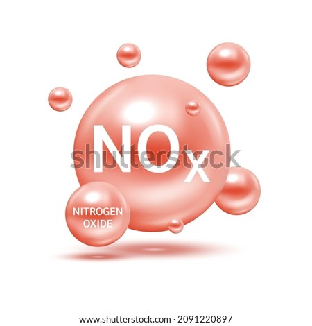 Nitrogen oxide NOx molecule models red and chemical formulas scientific. Ecology and biochemistry concept. Air pollution emissions contamination with industrial pipes. Isolated spheres 3D Vector.