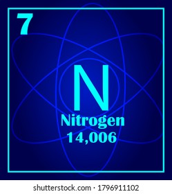 Nitrogen simple style tile icon. Chemical element of periodic table. Atom on a blue background