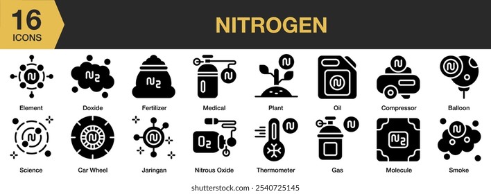 Conjunto de ícone sólido de nitrogênio. Inclui fertilizante, gás, médico, óxido nitroso, ciência e muito mais. Coleção vetorial de ícones sólidos.