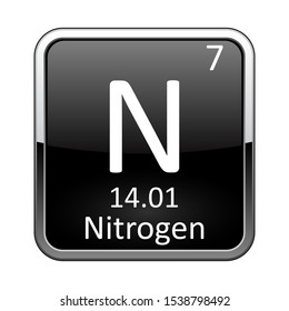 Nitrogen symbol.Chemical element of the periodic table on a glossy black background in a silver frame.Vector illustration.