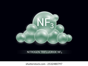 Nitrógeno Trifluoruro NF3 en verde nublado sobre fondo negro. Emisiones de contaminación atmosférica con producción de dispositivos electrónicos o circuitos Pequeños causantes de gases de efecto invernadero. Bioquímica científica. Vector