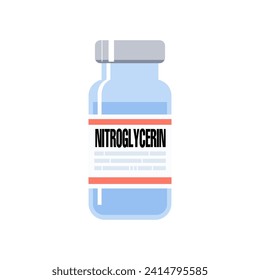 Nitroglycerin generic drug name. It is a medication used for heart failure, high blood pressure, anal fissures, painful periods. Medicine vial illustration.