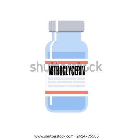 Nitroglycerin generic drug name. It is a medication used for heart failure, high blood pressure, anal fissures, painful periods. Medicine vial illustration.