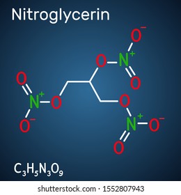 Nitroglycerin, glyceryl trinitrate, nitro molecule, is drug and explosive. Structural chemical formula on the dark blue background. Vector illustration

