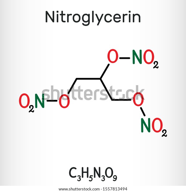 Nitroglycerin, glyceryl trinitrate, nitro molecule, is drug and explosive. Structural chemical formula. Vector illustration