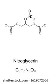 Nitroglycerin molecule skeletal formula. 2D structure of C3H5N3O9, nitroglycerine. Explosive liquid, used for explosives and in heart medicine. Structural formula. Illustration over white. Vector.