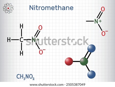 Nitromethane molecule. Structural chemical formula, molecule model. Sheet of paper in a cage. Vector illustration