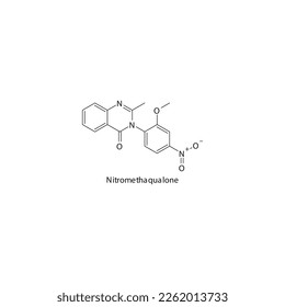 Nitromethaqualone flat skeletal molecular structure Quinazolinone sedative drug used in insomnia, muscle relaxation treatment. Vector illustration.