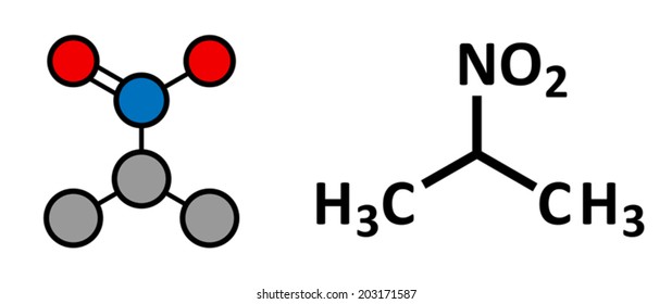 Nitropropane (2-nitropropane, 2-NP) chemical solvent molecule. Used as solvent in production of ink, polymers, coatings, adhesives, etc. Stylized 2D rendering and conventional skeletal formula.