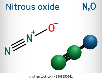 Nitrous oxide, "laughing gas", N2O molecule. It is used such as a pharmacologic agent to produce anesthesia, a food additive as a propellant. Structural  formula and molecule model. Vector illustratio