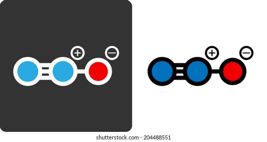 Nitrous oxide (N2O, nitrous, nitro, NOS, laughing gas) molecule, flat icon style. Medically used as anaesthetic & analgesic. Also used in motor sports and rocketry. Atoms shown as color-coded circles