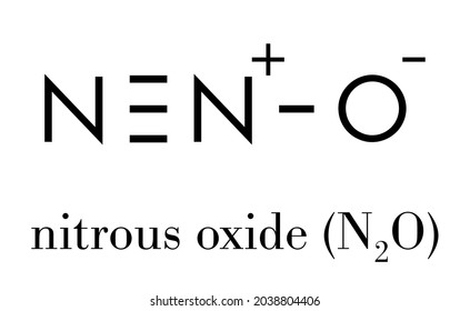 Nitrous oxide (NOS, laughing gas, N2O) molecule. Used in surgery as analgesic and anesthetic drug, and also as oxidizer in rocket motors and combustion engines. Skeletal formula.