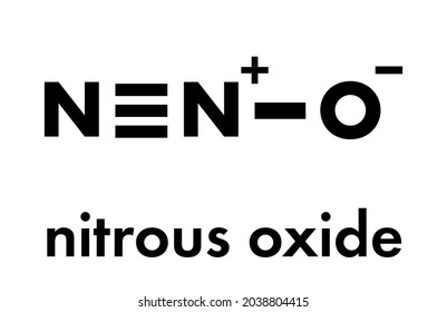 Nitrous oxide (NOS, laughing gas, N2O) molecule. Used in surgery as analgesic and anesthetic drug, and also as oxidizer in rocket motors and combustion engines. Skeletal formula.