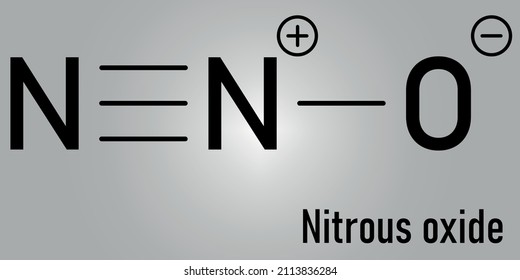 Nitrous oxide or NOS, laughing gas, N2O molecule. Used in surgery as analgesic and anesthetic drug, and also as oxidizer in rocket motors and combustion engines. Skeletal formula.