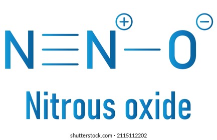 Nitrous oxide or NOS, laughing gas, N2O molecule. Used in surgery as analgesic and anesthetic drug, and also as oxidizer in rocket motors and combustion engines. Skeletal formula.