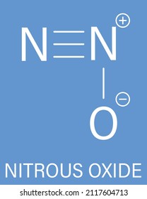 Nitrous oxide or NOS, laughing gas, N2O molecule. Used in surgery as analgesic and anesthetic drug, and also as oxidizer in rocket motors and combustion engines. Skeletal formula.