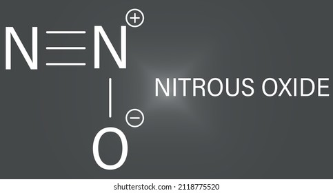 Nitrous oxide or NOS, laughing gas, N2O molecule. Used in surgery as analgesic and anesthetic drug, and also as oxidizer in rocket motors and combustion engines. Skeletal formula.