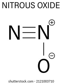 Nitrous oxide or NOS, laughing gas, N2O molecule. Used in surgery as analgesic and anesthetic drug, and also as oxidizer in rocket motors and combustion engines. Skeletal formula.